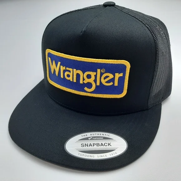 Wrangler Embroidered Vintage Patch Flat Bill Mesh Snapback Trucker Hat Cap Black - Picture 1 of 4